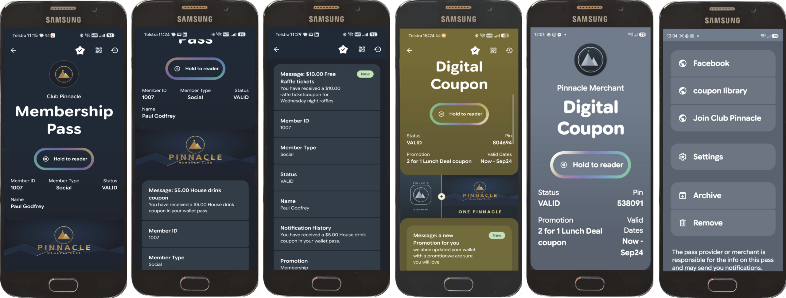 Dynamic membership pass on a phone — live messages, coupons and NFC hold-to-reader